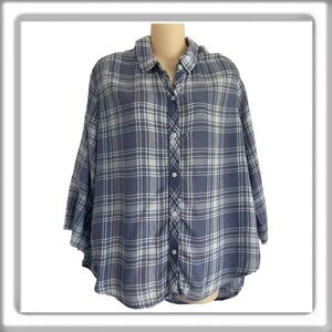 Rails Astrid Cali Blues Plaid Button Down Frayed Hem Blue 3/4 Sleeve Size Large